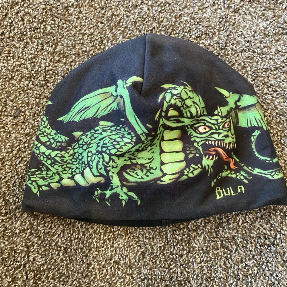 Vintage Y2K Bula Black Fleece Beanie Hat Dragon Made In USA One Size